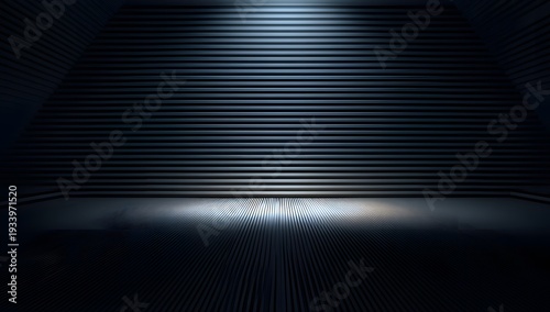Futuristic metallic hangar interior with horizontal corrugated walls and glowing light reflection on polished floor creating hi tech industrial environment for product showcase and presentation