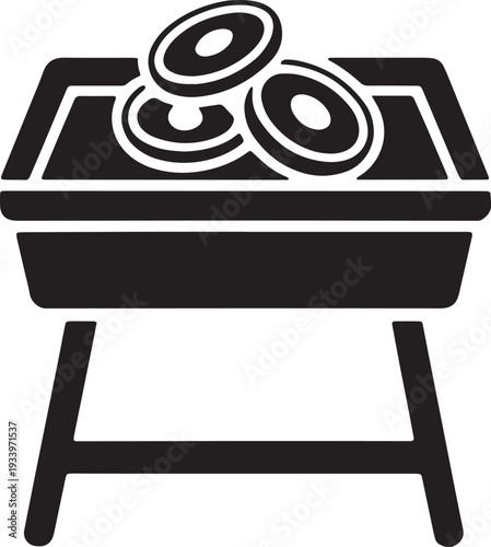 Grilled food icon with grill and onion rings, black flat design for cooking illustration