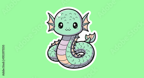 A cartoon dragon illustration sits curled on a vibrant green background viewed from directly above
