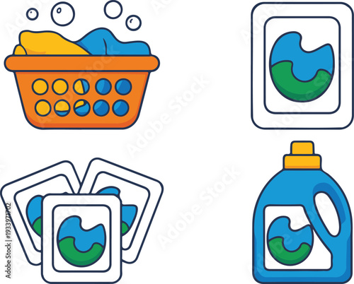 Laundry Cartoon Illustration Set: Orange Basket with Clothes, Laundry Detergent Pods, and Blue Storage Container on a Black Background.