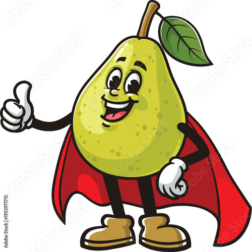 Cartoon pear mascot in superhero style