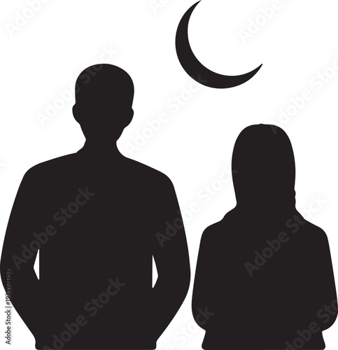 Man and woman silhouettes with crescent moon in night sky, islam symbols, religious theme