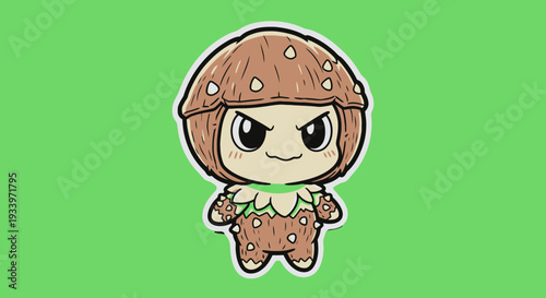 A cartoon character dressed as a mushroom stands with a fierce expression on a simple green background illustration.