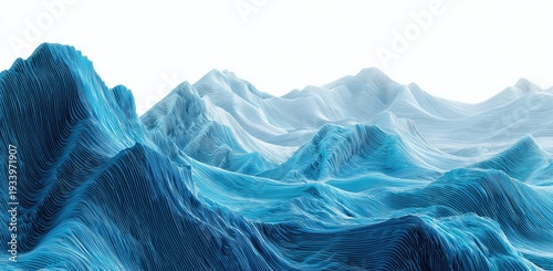 Abstract blue landscape with textured mountains fading into white sky