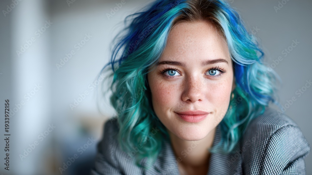 Fototapeta premium A vibrant blue-haired woman with a charming smile looks directly at the camera, radiating positivity and warmth in a contemporary setting full of potential and creativity.