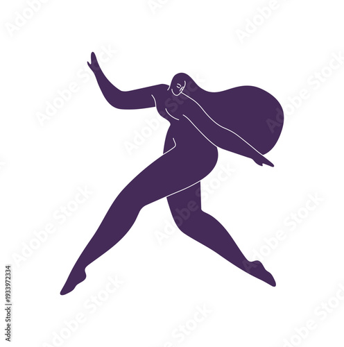 Black silhouette of running naked girl. Shadow of dancing nude woman. Abstract human body, figure in boho style. Character in Matisse art. Flat isolated vector illustration on white background