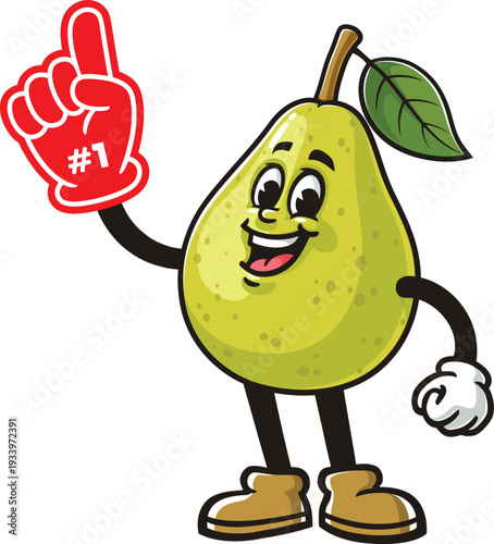 Cartoon pear mascot holding a giant foam finger