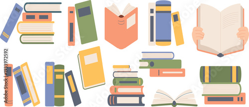 Various Stacked and Open Books Collection for Education Learning Literature and Library Concept Vector Graphic Illustration
