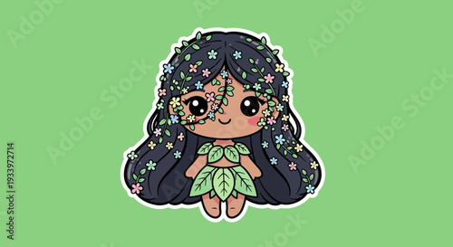 A cartoon girl with floral decorations sitting on a green background from a front view