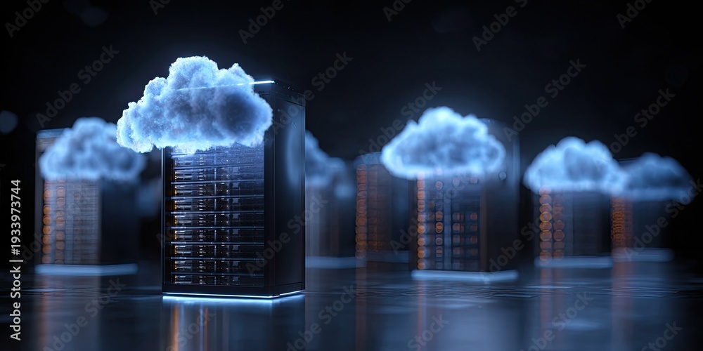Fototapeta premium Futuristic digital server racks with glowing data and ethereal cloud tops