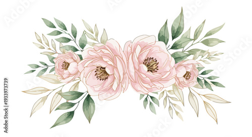 A watercolor floral arrangement of pink roses and green leaves, viewed from directly above, showcasing a bouquet of flowers in a decorative style