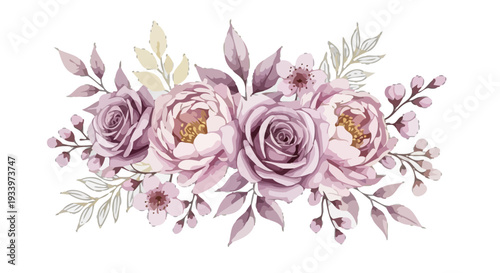 Floral arrangement with roses and leaves in a delicate watercolor style, viewed from directly above.