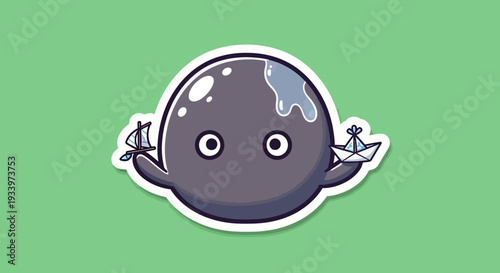A cartoon illustration of Earth with arms and eyes floating on a green background from a front viewpoint