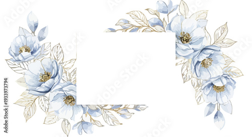 Floral wreath with blue flowers and gold leaves on a rectangular frame displayed centrally