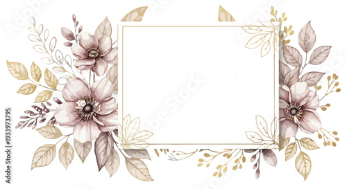 Floral frame with pink flowers and leaves illustration on transparent background viewed from front
