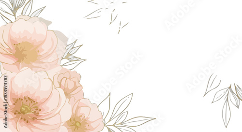 An elegant floral arrangement with peach roses and leaves, viewed from directly above, in a simple and clean environment