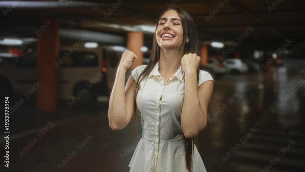 Fototapeta premium Teenage girl in a white dress with braces, fists clenched and smiling in an underground parking garage building; celebration joy relief.