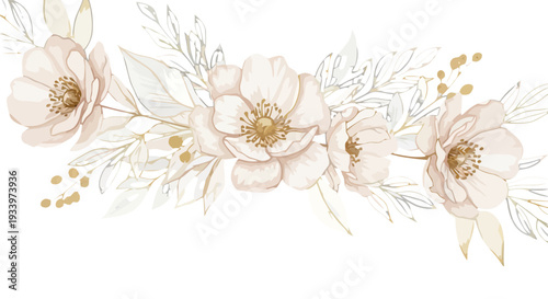 Floral arrangement of pastel flowers and leaves in a delicate watercolor illustration