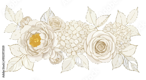 Elegant floral arrangement featuring roses and hydrangeas in a delicate, line art style, viewed from directly above