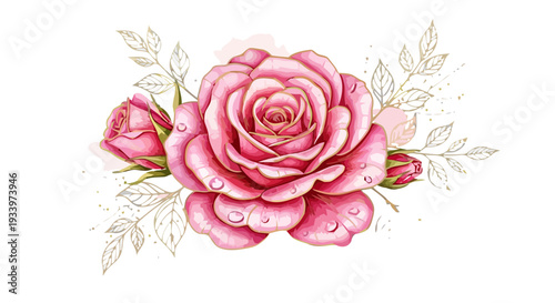 A delicate watercolor illustration of a pink rose surrounded by leaves and smaller roses viewed from directly above in a floral arrangement