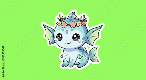 A cute cartoon dragon with flowers in its hair is sitting on a lime green background viewed from front