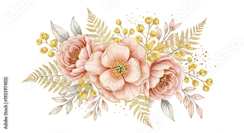 Elegant floral arrangement with roses and leaves, delicate petals and soft colors, serene botanical illustration from a front viewpoint