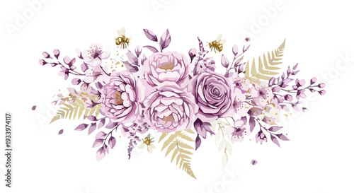Floral arrangement of roses and leaves in a decorative illustration from a frontal viewpoint