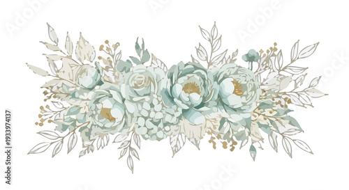 Floral arrangement with peonies, leaves, and gold accents on a horizontal layout, svg vector illustration