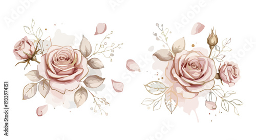 A serene watercolor illustration of roses and leaves, featuring delicate floral arrangements viewed from directly above