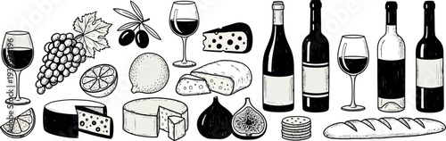Wine and Cheese Tasting Vector Set 