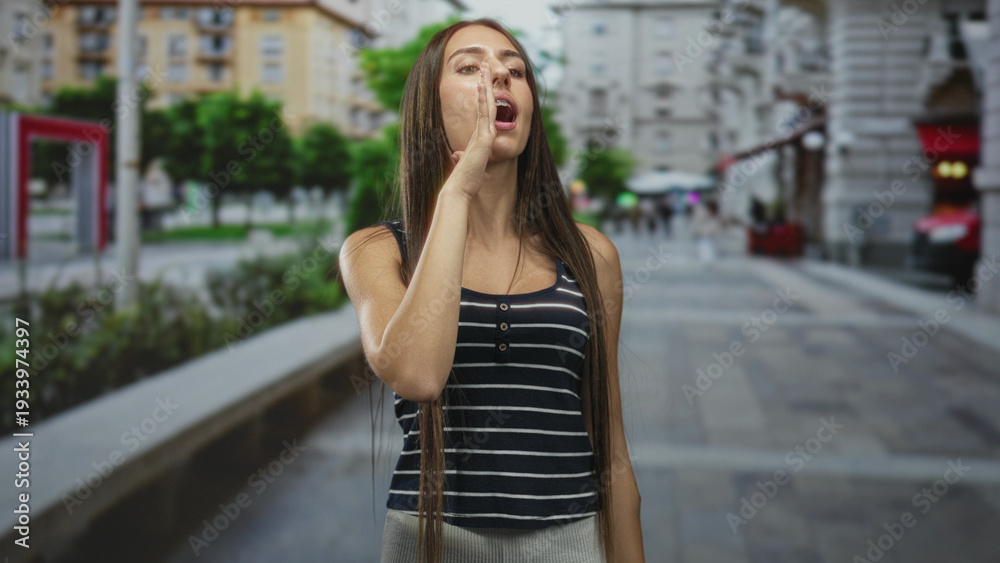 Fototapeta premium Teen girl touching her face with right hand while looking uncertain, long straight hair and striped top, standing alone on an urban street; contemplation.