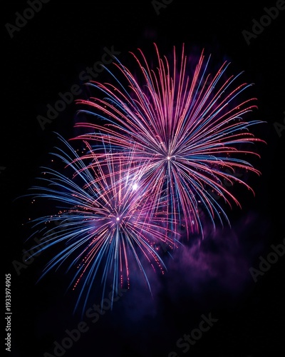 Fourth of July fireworks red blue night sky USA celebration.Colorful red and blue fireworks exploding in night sky celebrating Independence Day in the United States.