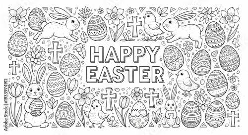 Easter-themed coloring page featuring bunnies, eggs, and crosses in a festive illustration from a direct viewpoint