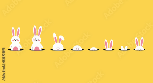 A row of cartoon rabbits peeking out of burrows on a yellow background from a front viewpoint