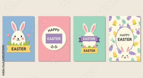 Four Easter greeting cards featuring bunny and eggs in different colored backgrounds and designs
