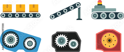 Stylized Industrial Icons Set: Conveyor Belts Carrying Cardboard Boxes and Mechanical Gearboxes with Visible Gears on Black Background.