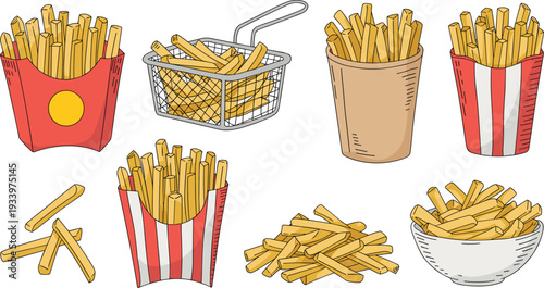 French Fries Vector Set with Crispy Golden Potato Sticks in Paper Bags and Bowls for Fast Food