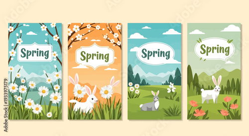Vibrant spring landscape with rabbits and blooming flowers in a serene meadow from a scenic viewpoint