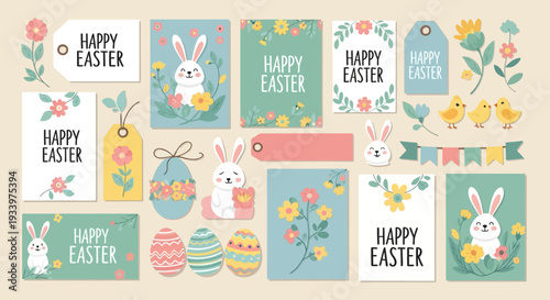 A vibrant Easter-themed illustration collection featuring bunnies, eggs, and flowers in various settings