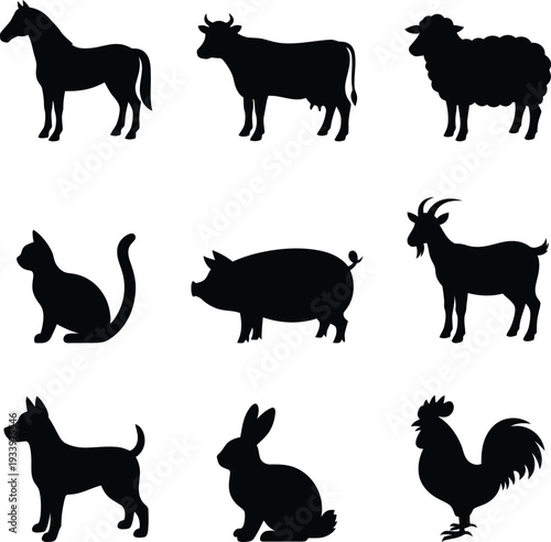 A collection of nine distinct animal silhouettes, including farm animals and domestic pets, arranged in a 3x3 grid.