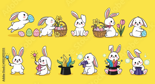 Collection of white cartoon bunnies celebrating Easter with eggs and flowers from a frontal view