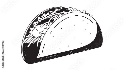 Black and white illustrated taco snack on plate with bold lines.