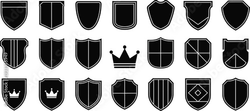Assortment of twenty black silhouette shields and crests with varied designs on white background emblem