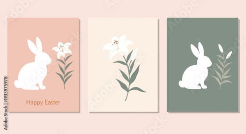 Easter Bunny Silhouettes with Floral Elements in Pastel Colors, Holiday Illustrations on Soft Background