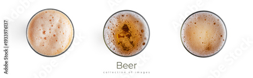 Glasses of light beer isolated on white background. View from the top. High quality photo