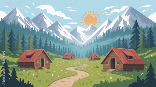 Serene mountain retreat with rustic cabins and winding path surrounded by lush green forest and snow capped peaks under bright sunny sky