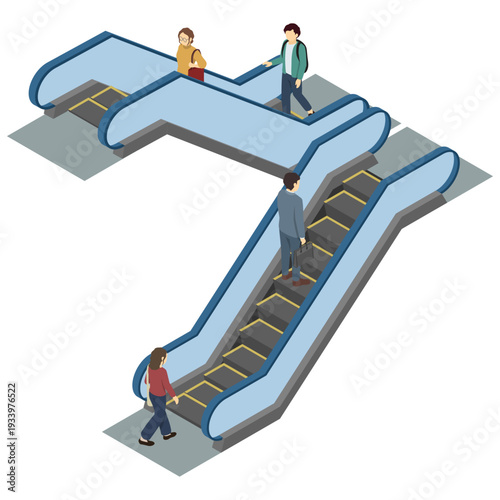 アイソメトリックイラスト：エスカレーターを使う人々2