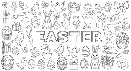 Easter-themed illustration featuring bunnies, eggs, flowers, birds, and gifts in a festive collection of line art icons