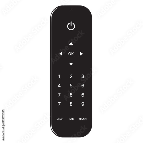 Slim black handheld TV remote control with numeric keypad and power button.