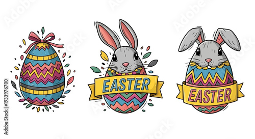 Vibrant Easter-themed illustrations featuring decorated eggs and cute rabbits, showcasing festive designs and holiday cheer in a playful, cartoonish style